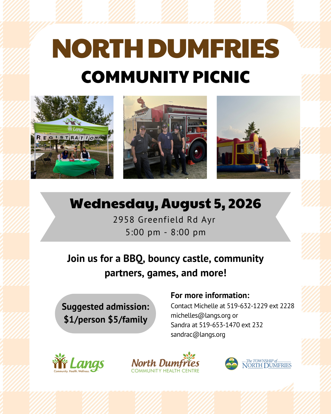 Light brown picnic tablecloth background on a flyer with location and time details for the NDCHC picnic